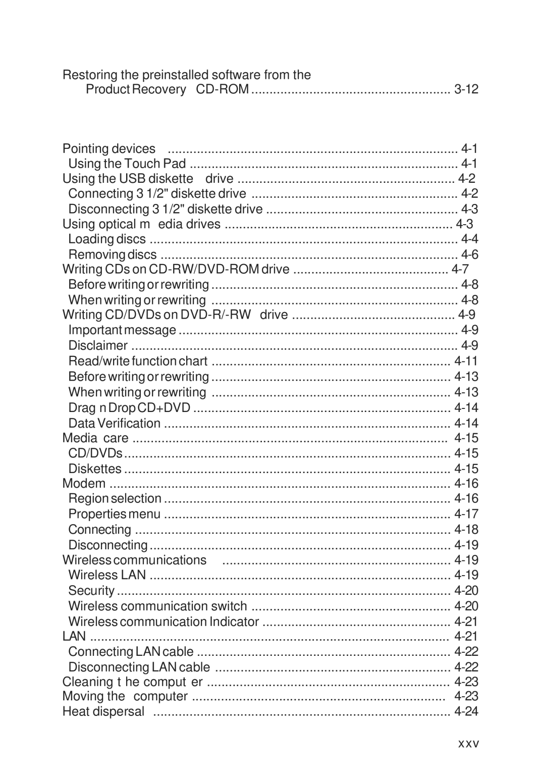 Toshiba A10 Series user manual Operating Basics, Restoring the preinstalled software from, Xxv 