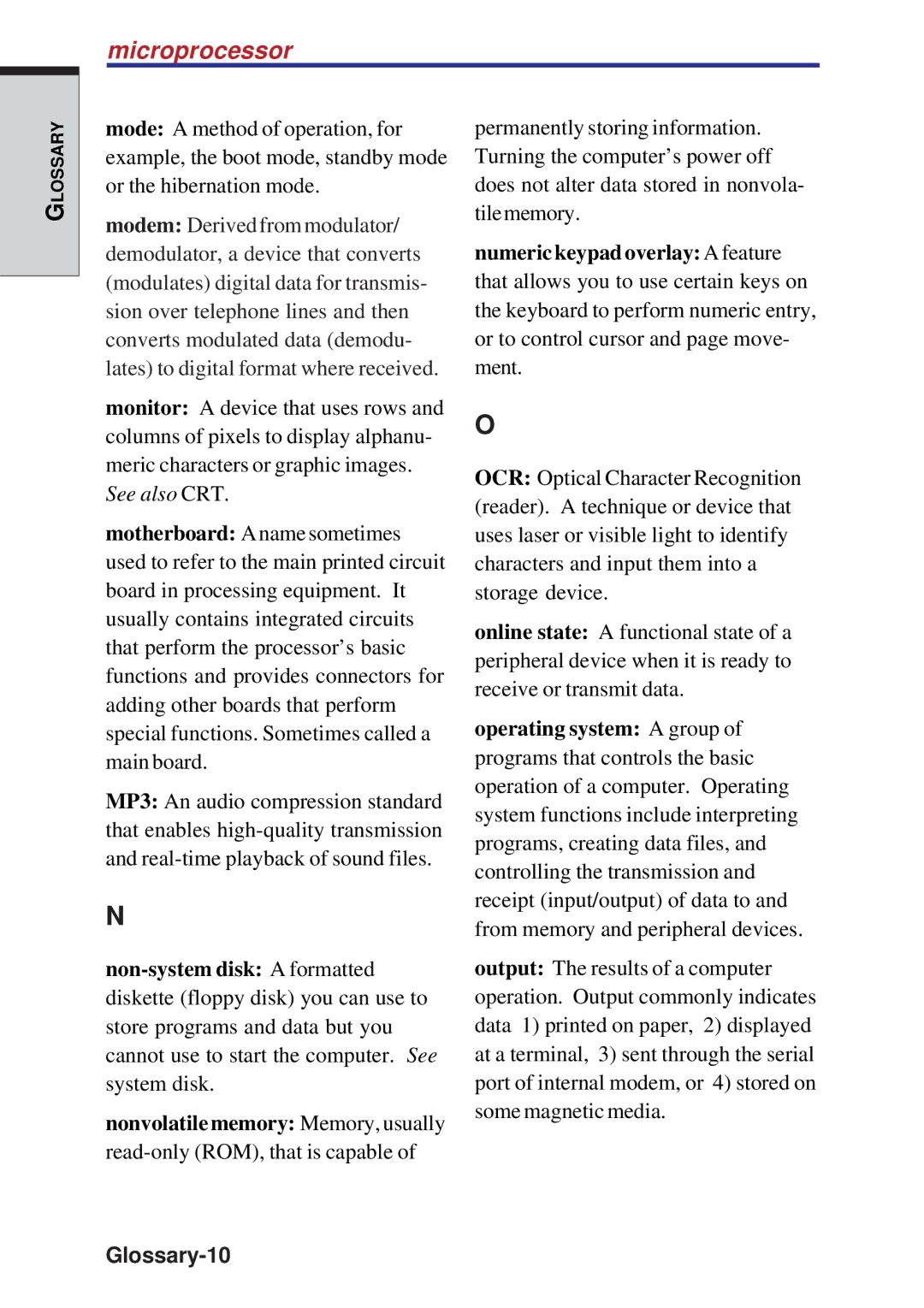 Toshiba A10 Series user manual Microprocessor, Glossary-10 