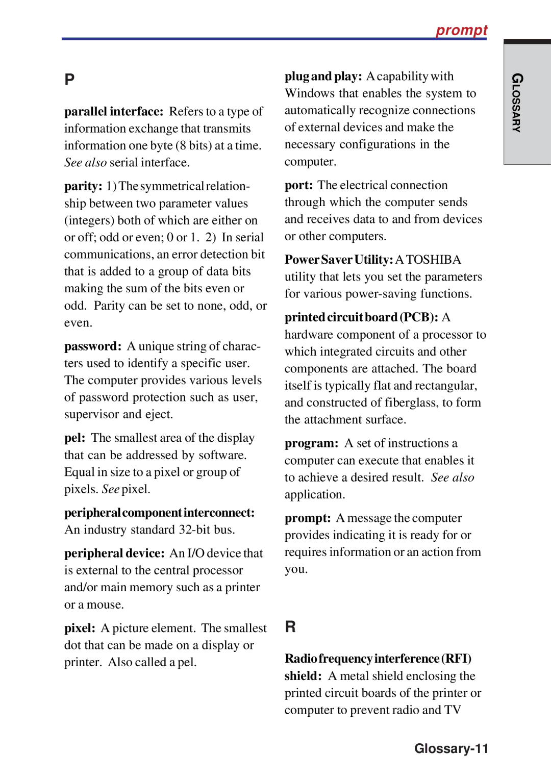 Toshiba A10 Series user manual Prompt, Glossary-11 