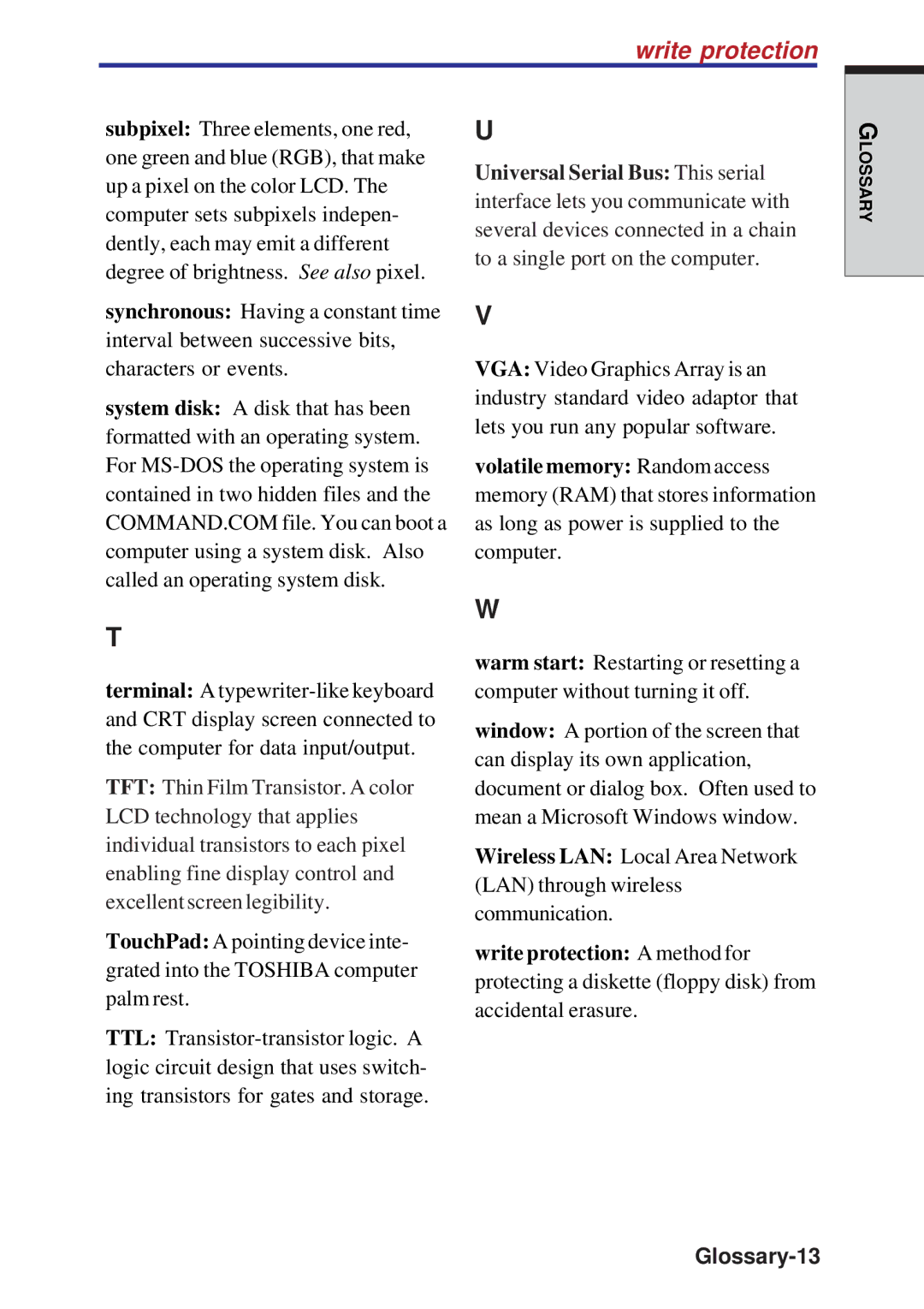 Toshiba A10 Series user manual Write protection, Glossary-13 