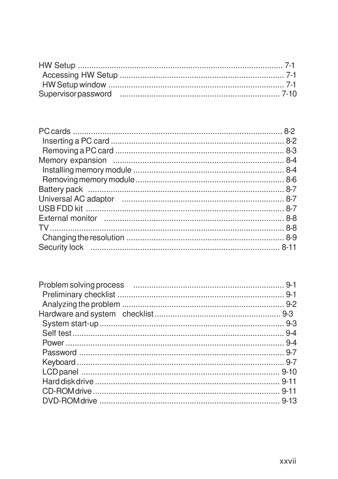 Toshiba A10 Series user manual HW Setup and Passwords, Optional Devices, Troubleshooting, Xxvii 