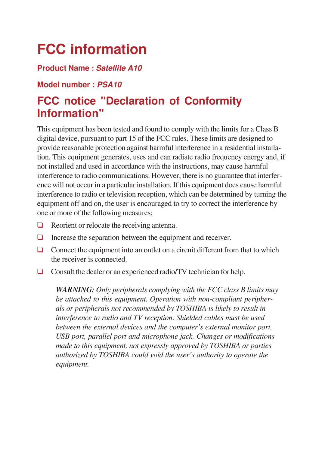 Toshiba A10 Series user manual FCC information, FCC notice Declaration of Conformity Information 