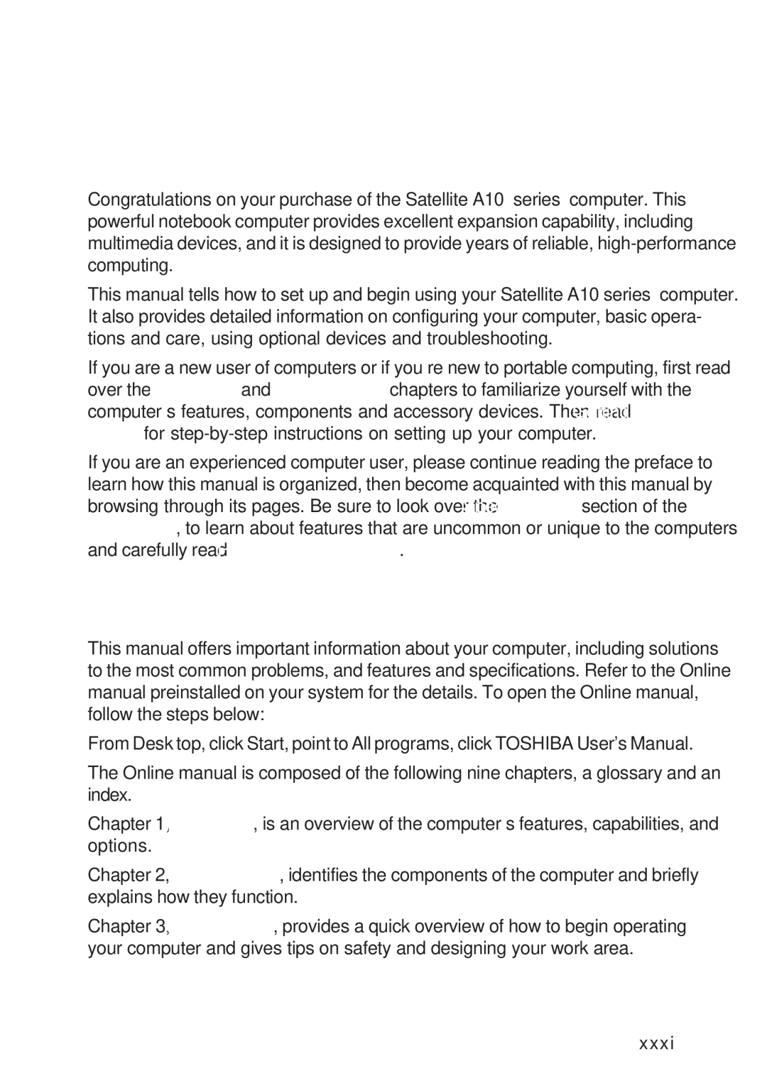 Toshiba A10 Series user manual Preface, Manual contents 