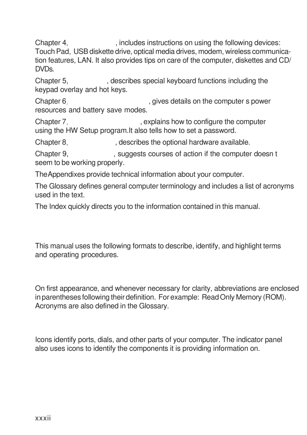 Toshiba A10 Series user manual Conventions, Abbreviations, Icons 