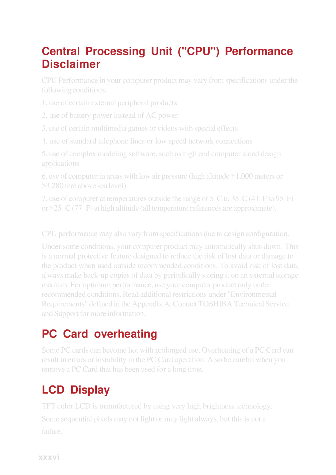 Toshiba A10 Series user manual Central Processing Unit CPU Performance Disclaimer, PC Card overheating, LCD Display 