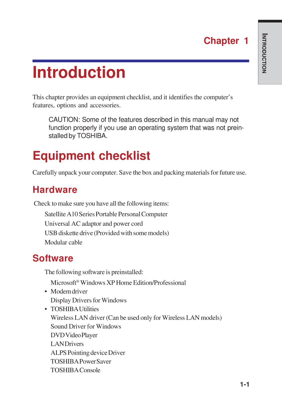 Toshiba A10 Series user manual Introduction, Equipment checklist, Hardware, Software 