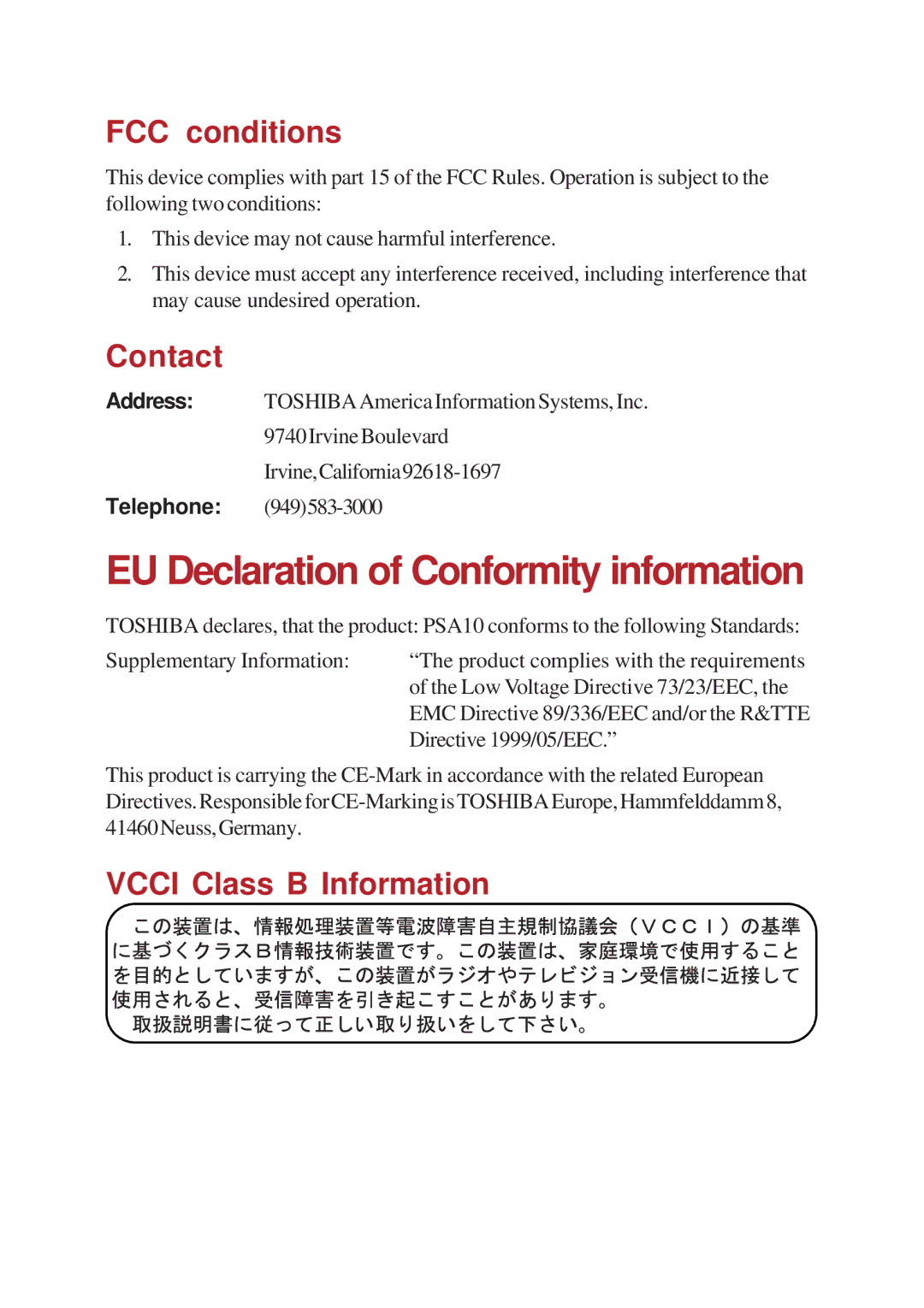 Toshiba A10 Series user manual EU Declaration of Conformity information, FCC conditions, Contact, Vcci Class B Information 