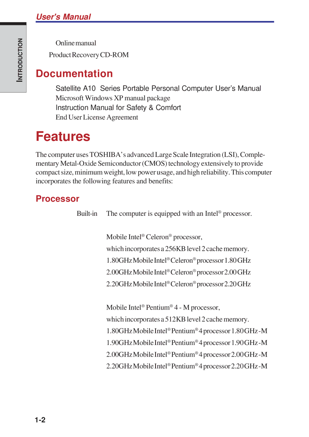 Toshiba A10 Series user manual Features, Documentation, Processor 