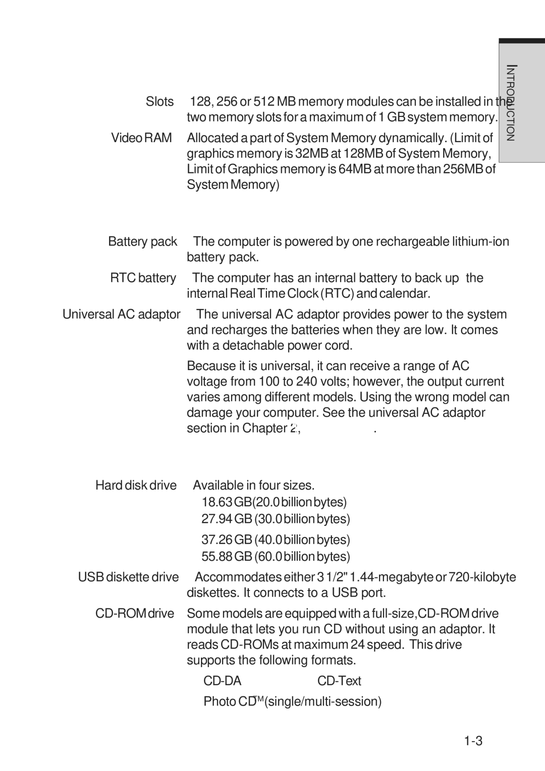 Toshiba A10 Series user manual Memory, Power, Disks, Features 