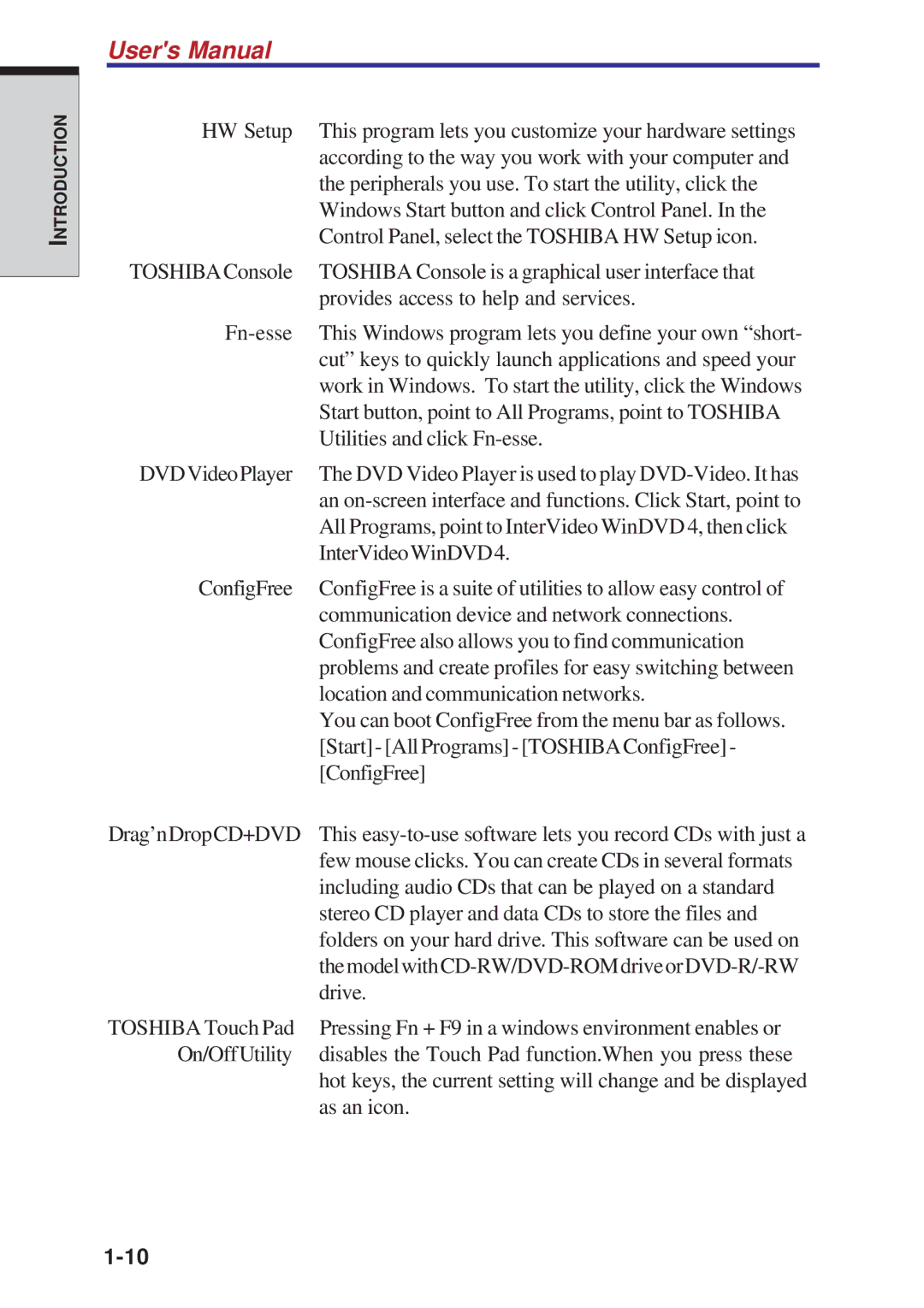 Toshiba A10 Series user manual HW Setup 