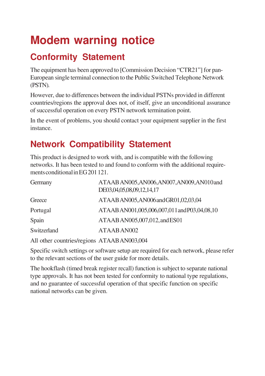 Toshiba A10 Series user manual Modem warning notice, Conformity Statement, Network Compatibility Statement 