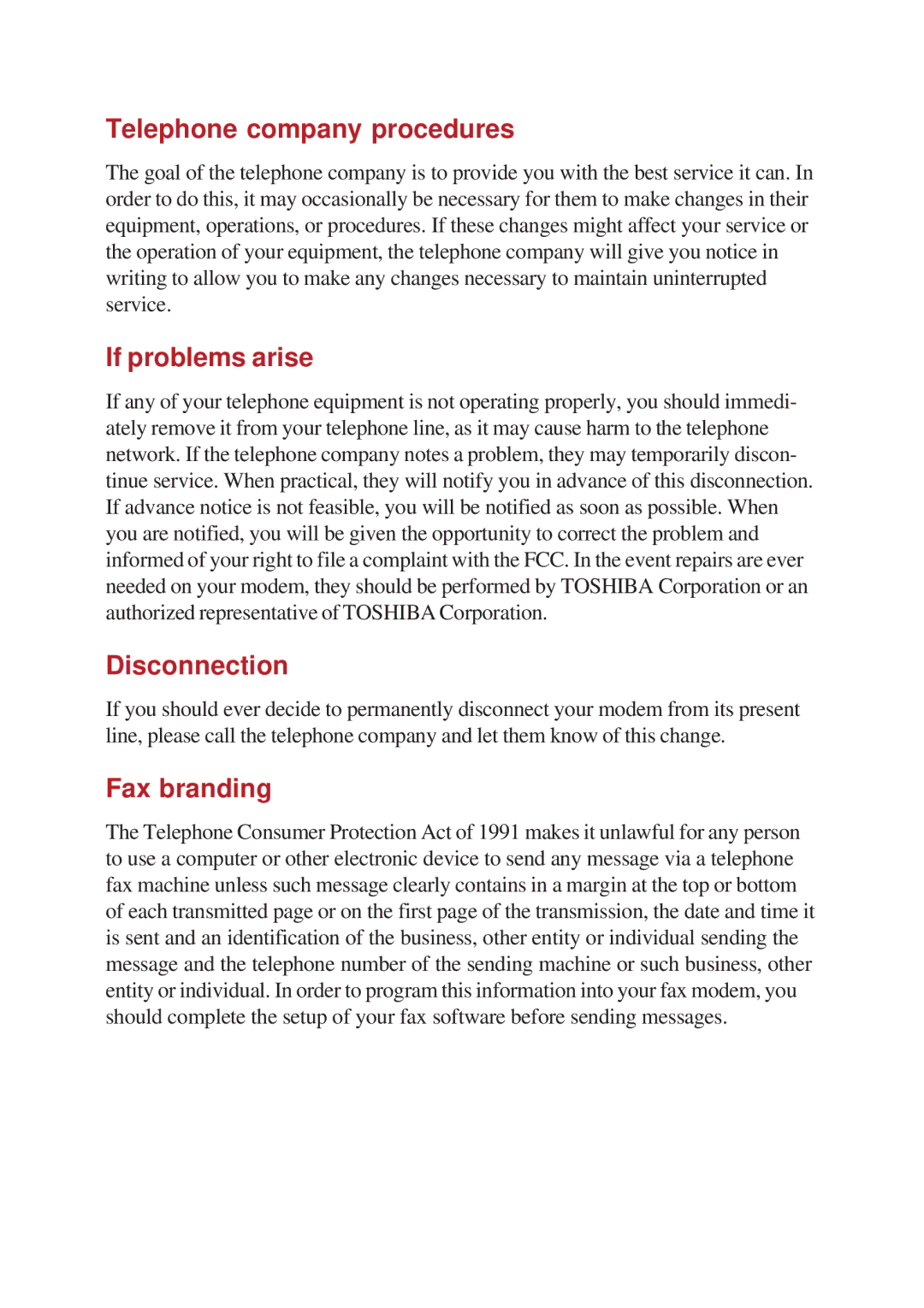 Toshiba A10 Series user manual Telephone company procedures, If problems arise, Disconnection, Fax branding 