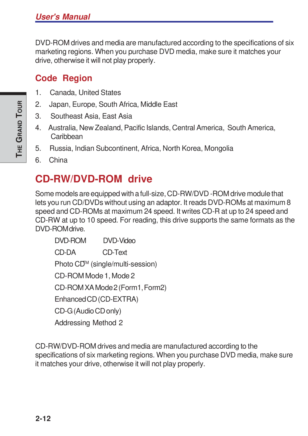 Toshiba A10 Series user manual CD-RW/DVD-ROM drive, Code Region 