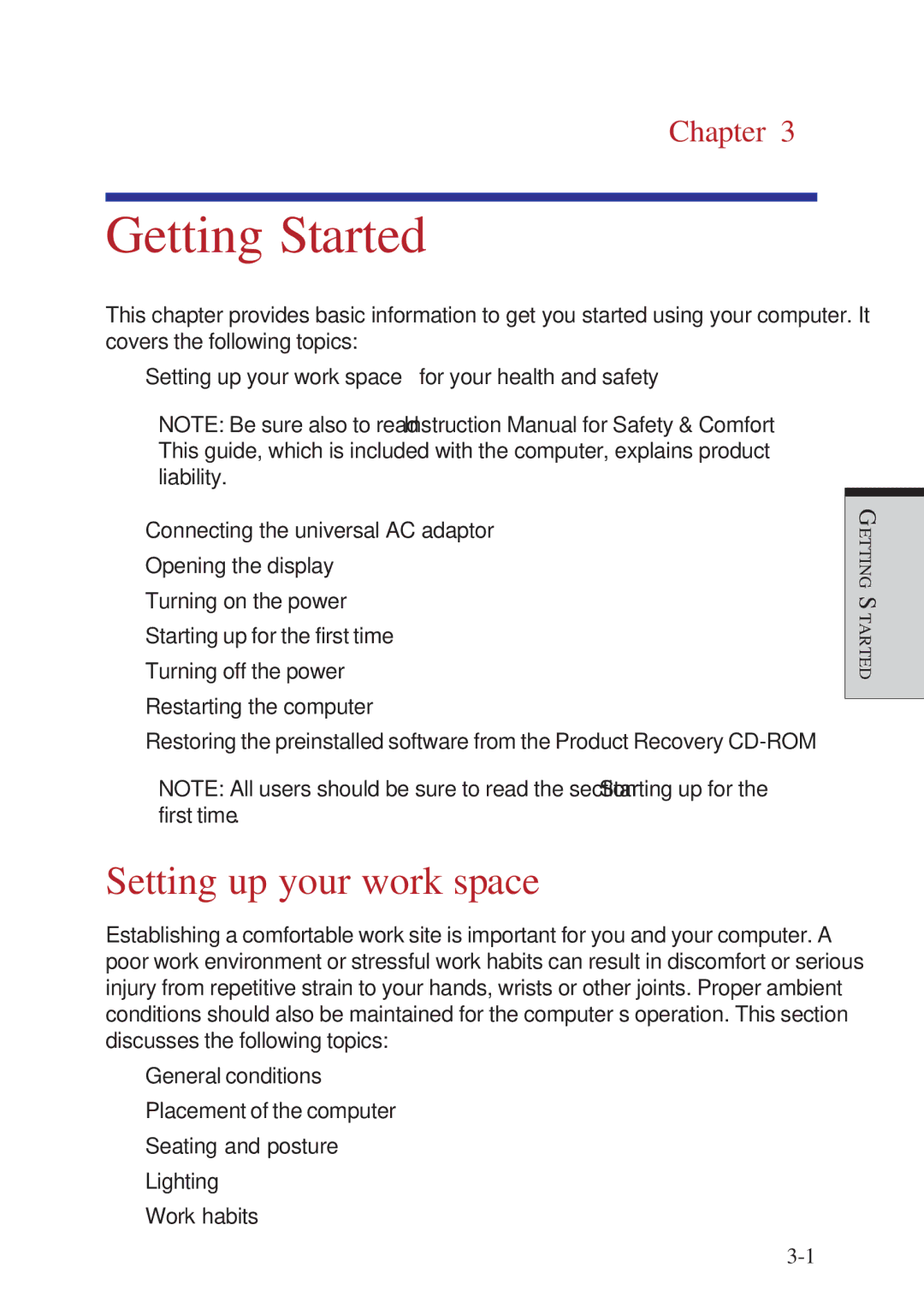 Toshiba A10 Series user manual Getting Started, Setting up your work space 