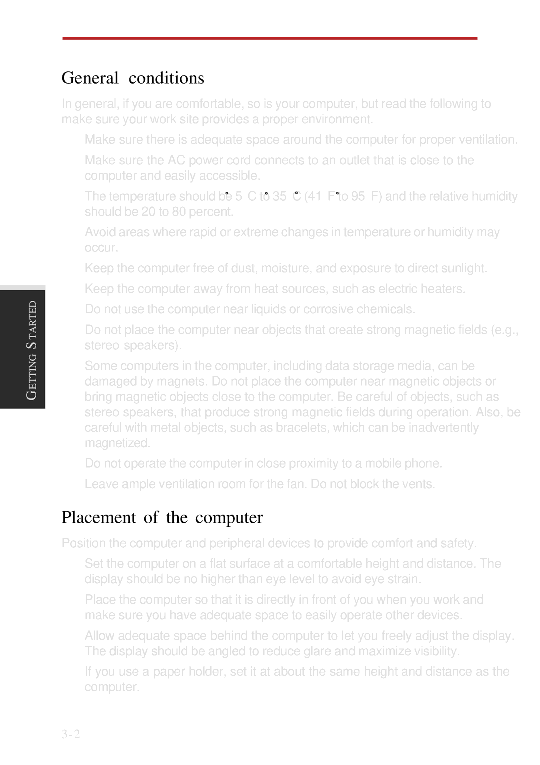 Toshiba A10 Series user manual General conditions, Placement of the computer 