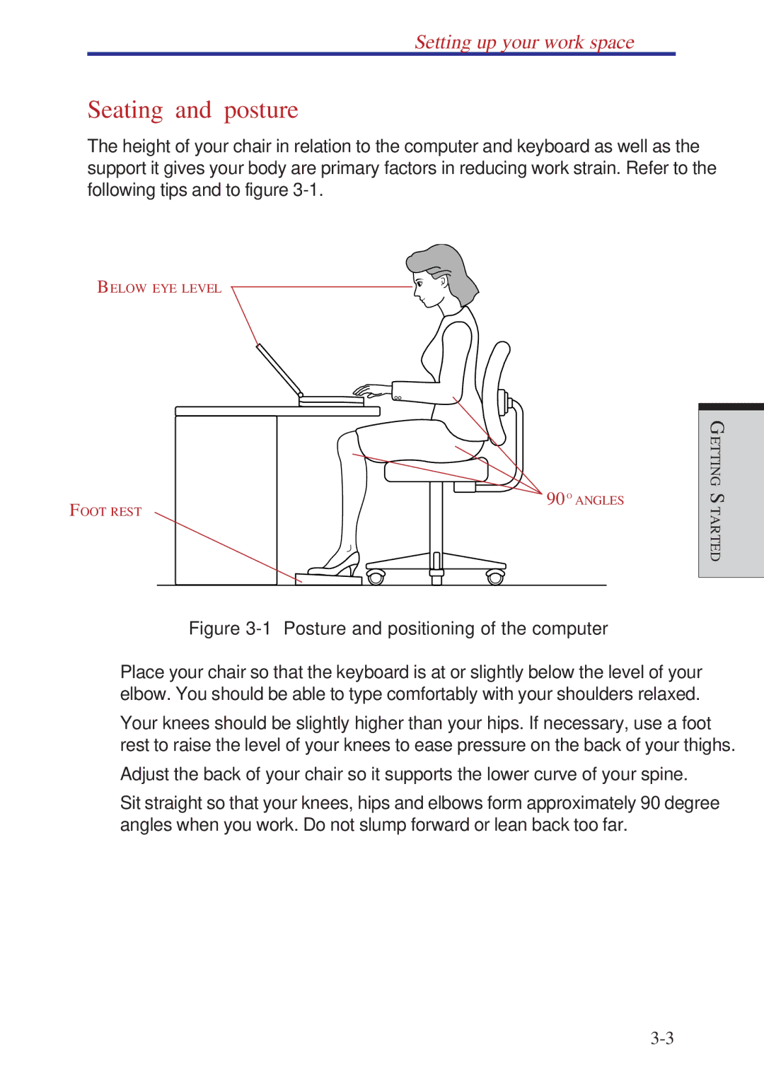 Toshiba A10 Series user manual Seating and posture, Setting up your work space 