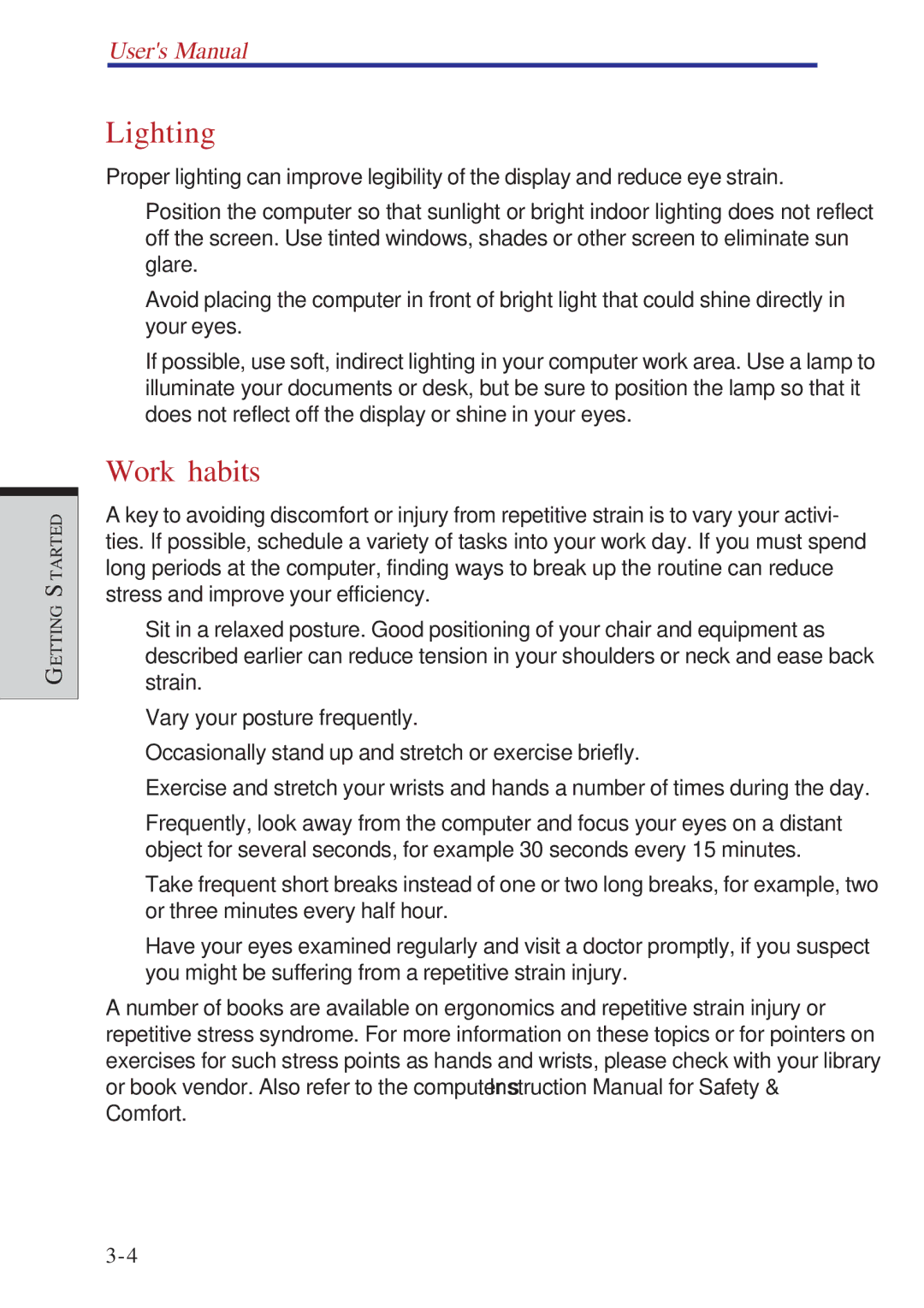 Toshiba A10 Series user manual Lighting, Work habits 