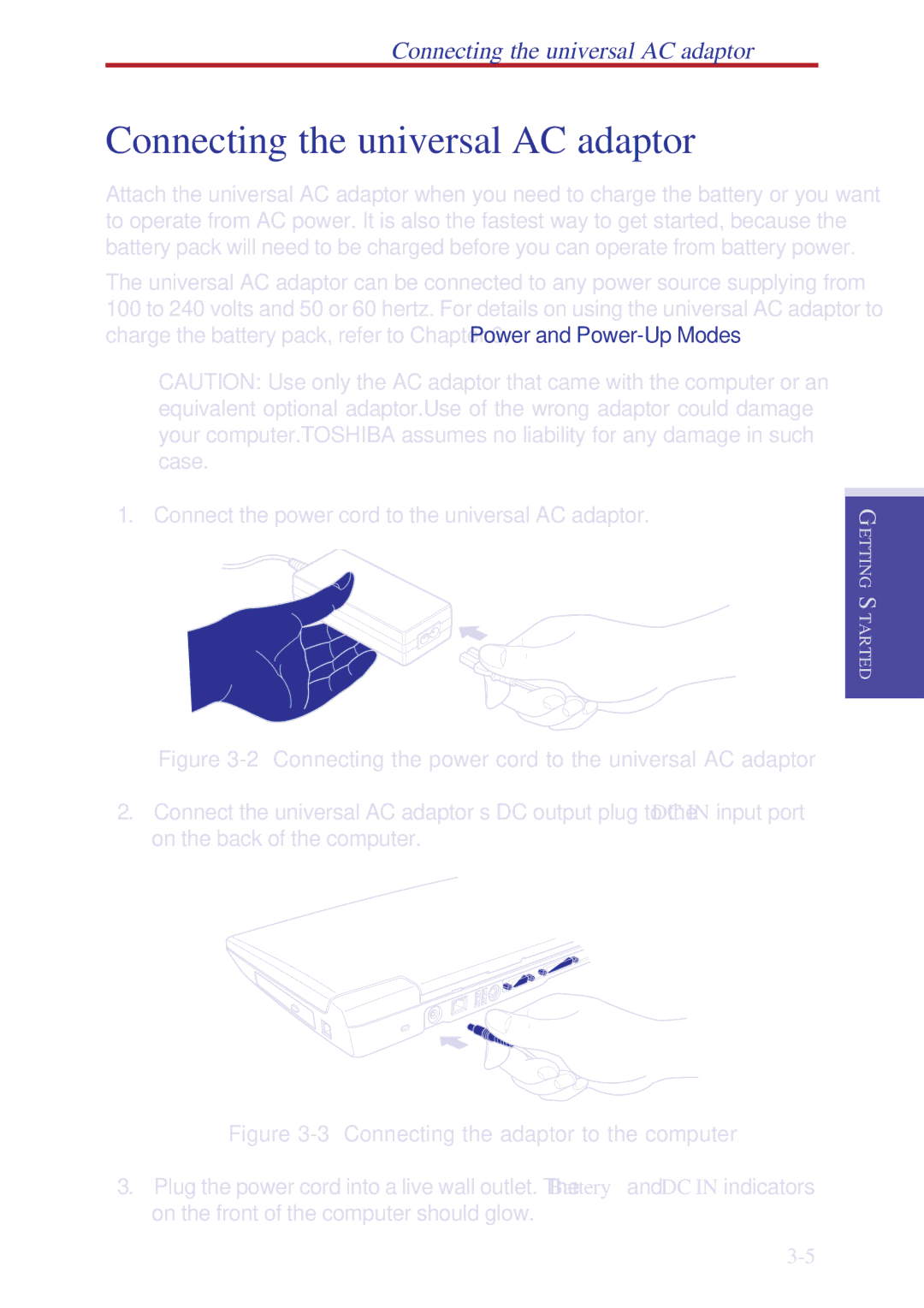 Toshiba A10 Series user manual Connecting the universal AC adaptor 