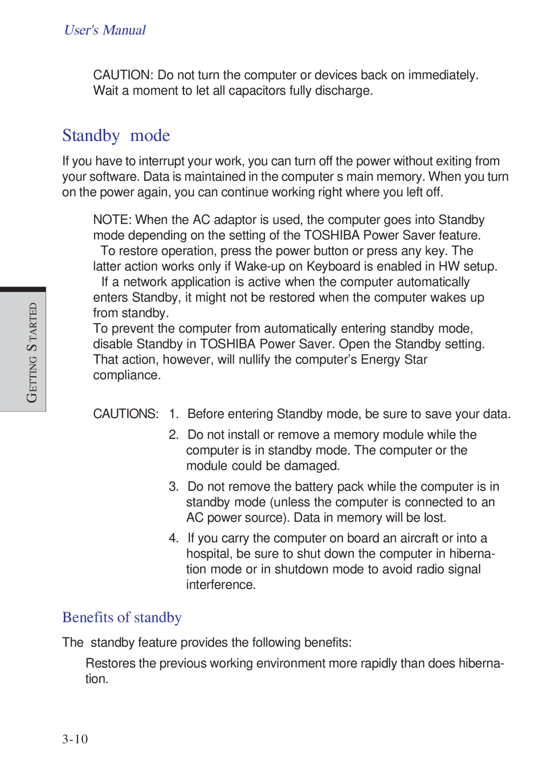 Toshiba A10 Series user manual Standby mode, Benefits of standby 