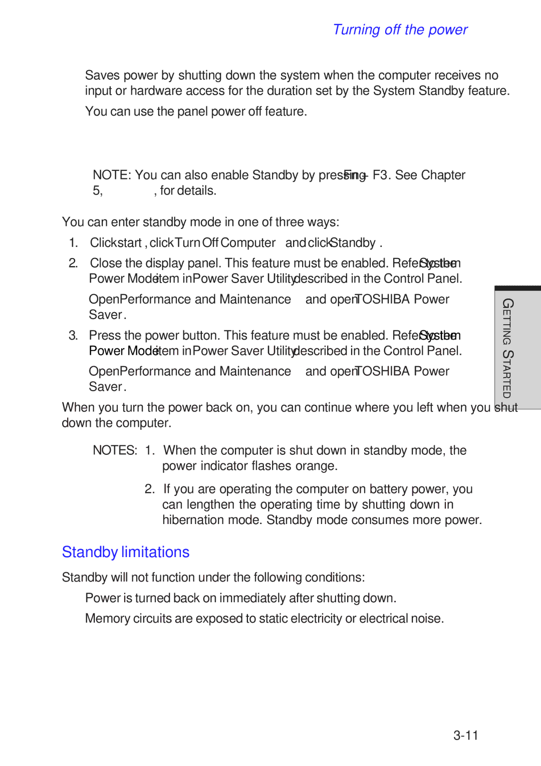 Toshiba A10 Series Executing standby, Standby limitations, Click start, click Turn Off Computer and click Standby 