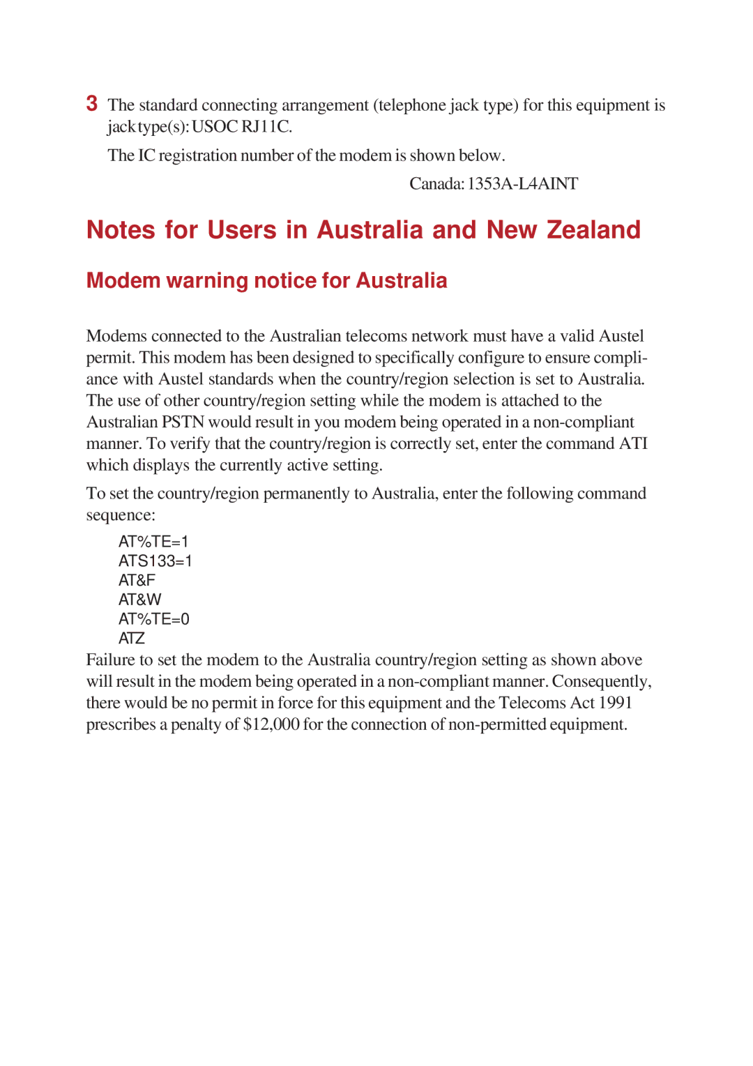 Toshiba A10 Series user manual Modem warning notice for Australia, AT&F AT&W AT%TE=0 ATZ 