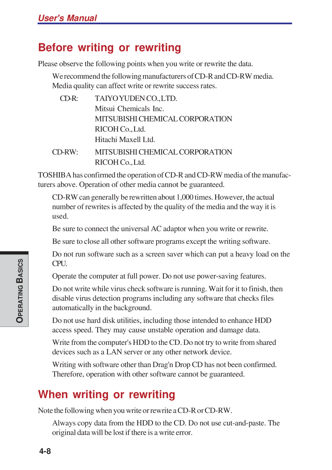 Toshiba A10 Series user manual Before writing or rewriting, When writing or rewriting 