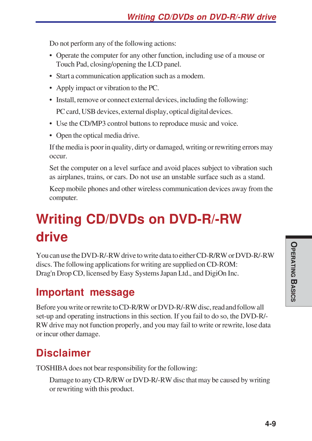 Toshiba A10 Series user manual Writing CD/DVDs on DVD-R/-RW drive, Important message, Disclaimer 