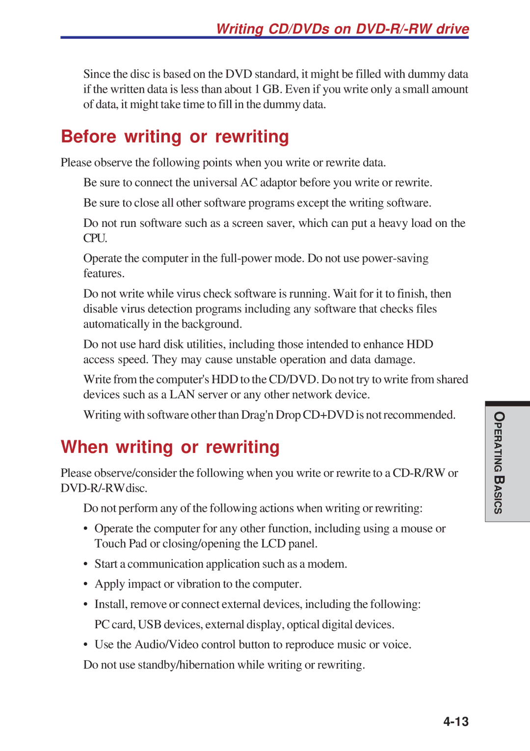 Toshiba A10 Series user manual Before writing or rewriting 