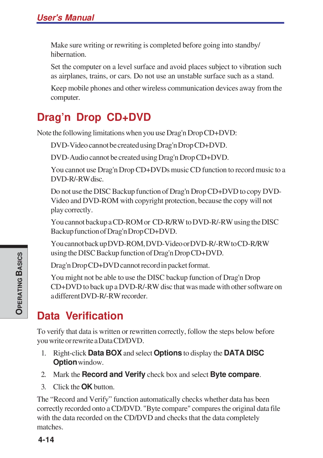 Toshiba A10 Series user manual Drag’n Drop CD+DVD, Data Verification 