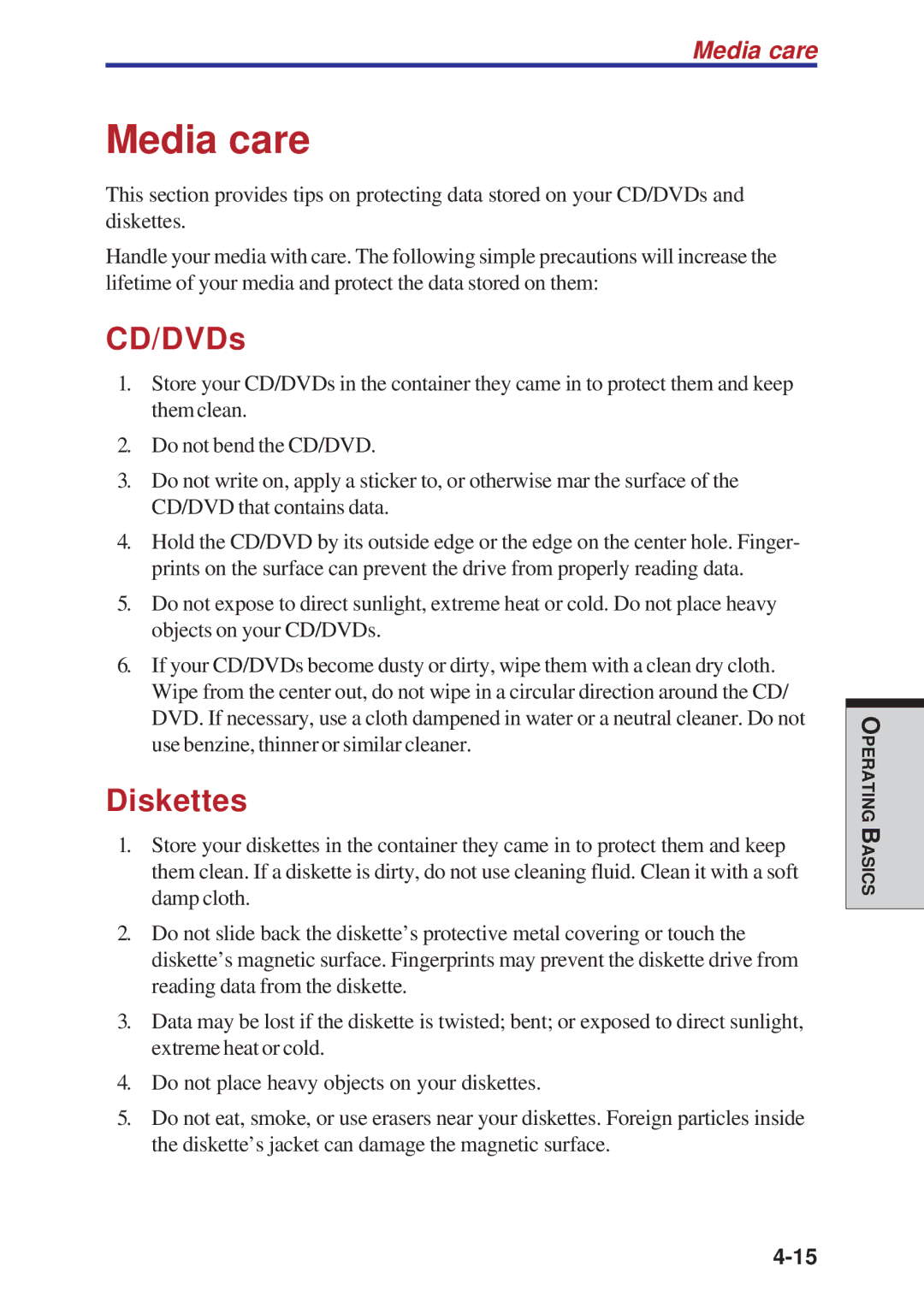 Toshiba A10 Series user manual Media care, CD/DVDs, Diskettes 