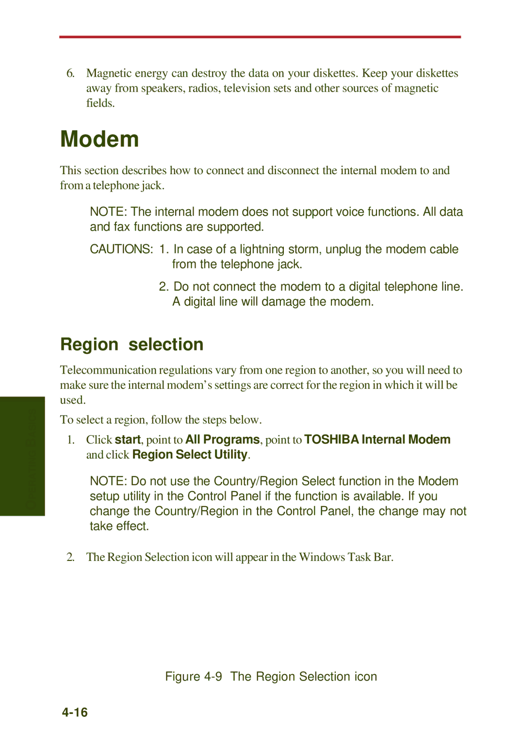 Toshiba A10 Series user manual Modem, Region selection 