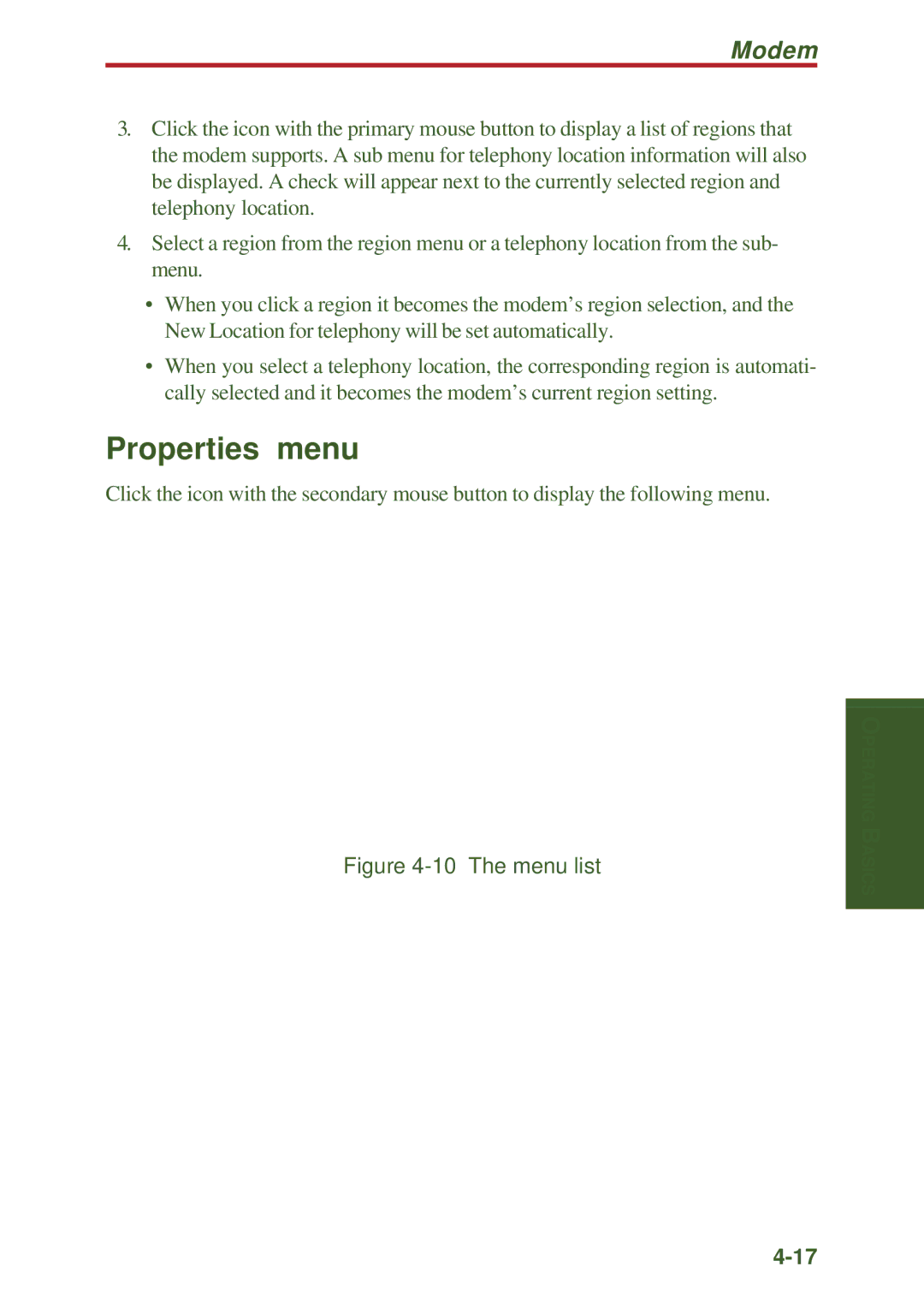 Toshiba A10 Series user manual Properties menu, Modem 