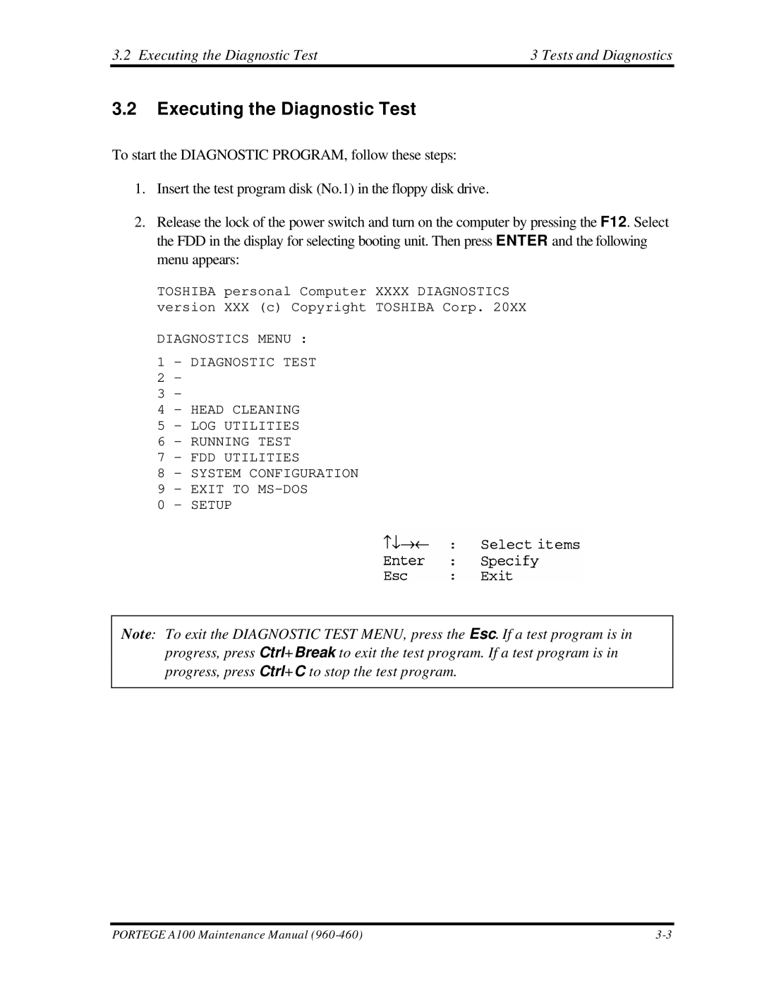 Toshiba A100 manual Executing the Diagnostic Test Tests and Diagnostics 