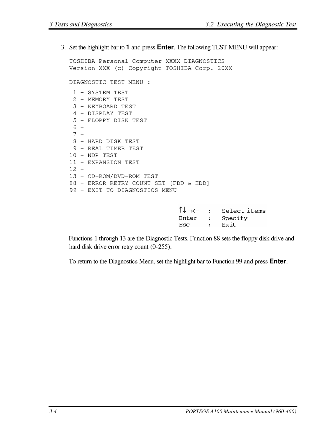 Toshiba A100 manual Tests and Diagnostics Executing the Diagnostic Test 