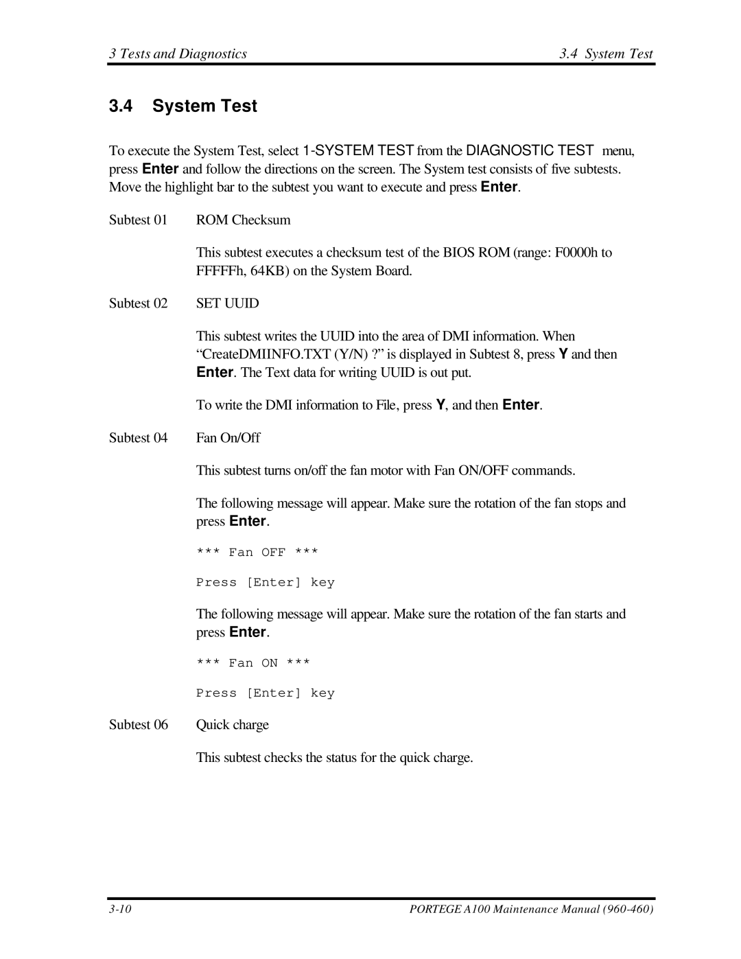 Toshiba A100 manual Tests and Diagnostics System Test 