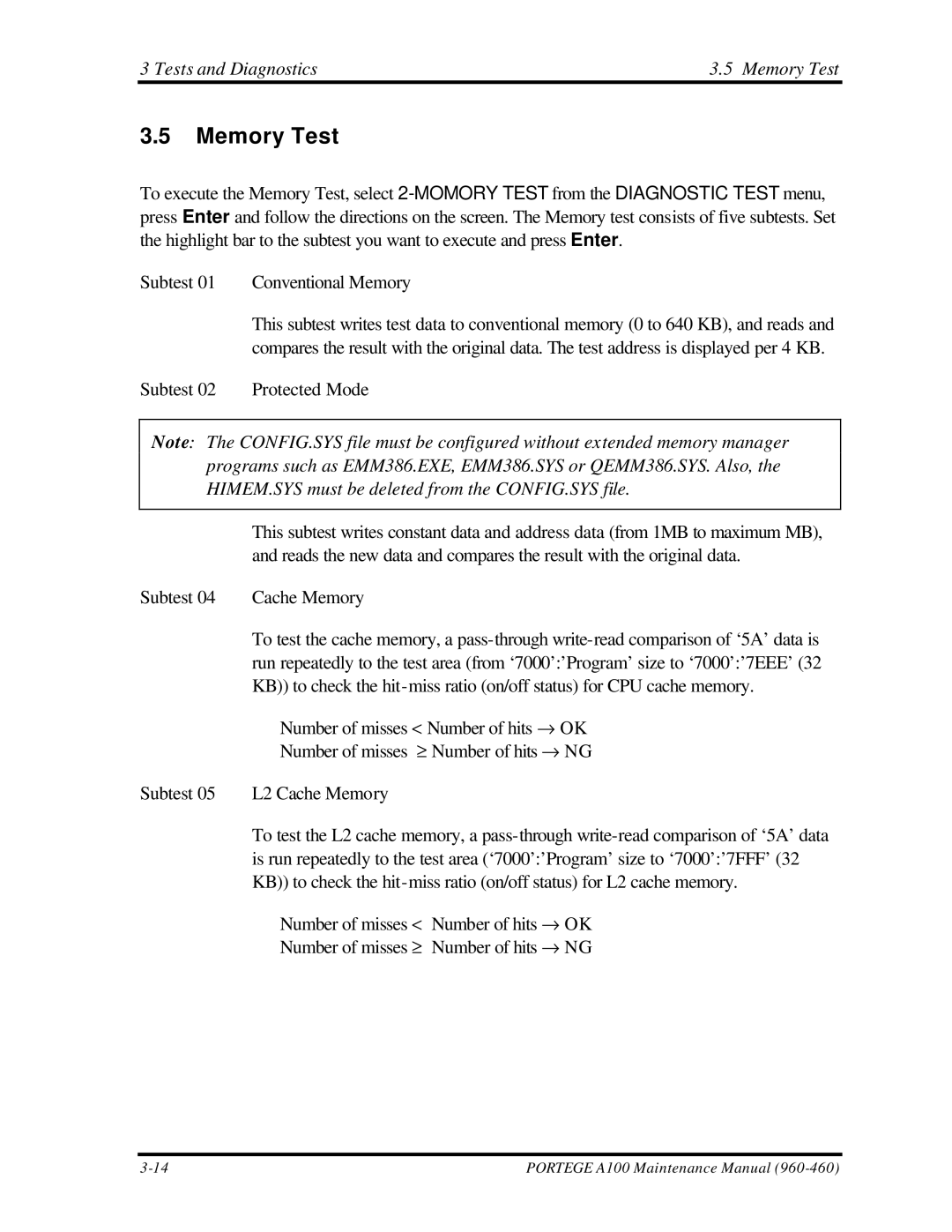 Toshiba A100 manual Tests and Diagnostics Memory Test 