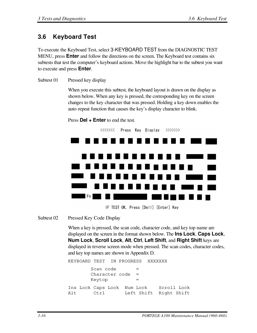 Toshiba A100 manual Tests and Diagnostics Keyboard Test 