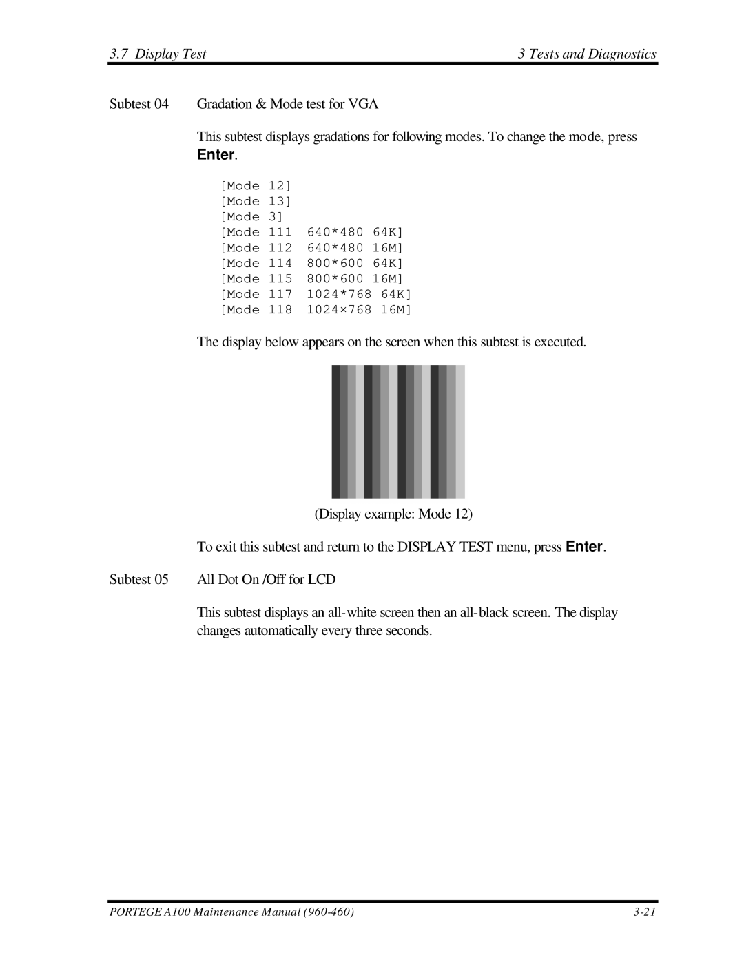 Toshiba A100 manual Display Test Tests and Diagnostics 