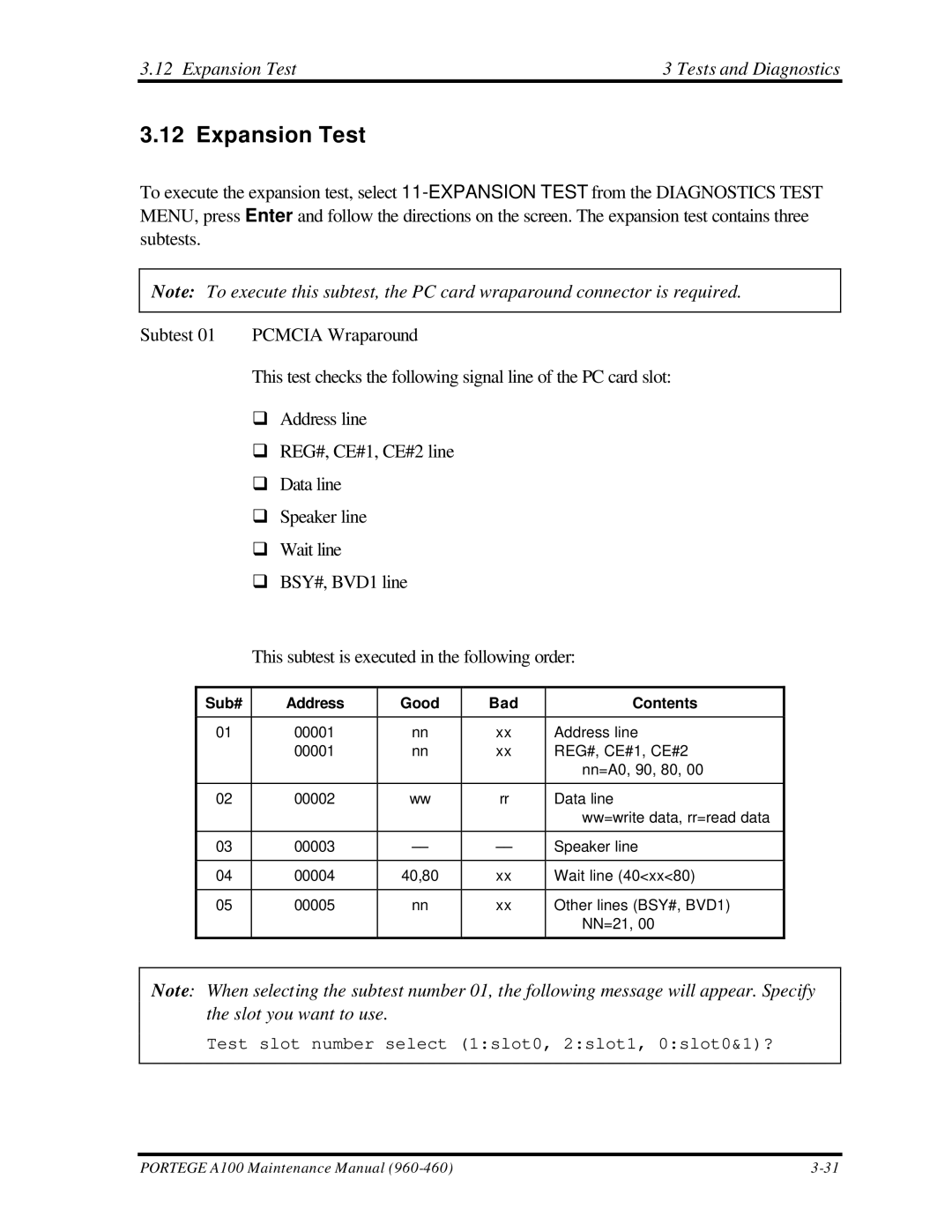 Toshiba A100 manual Expansion Test Tests and Diagnostics, Sub# Address Good Bad Contents 