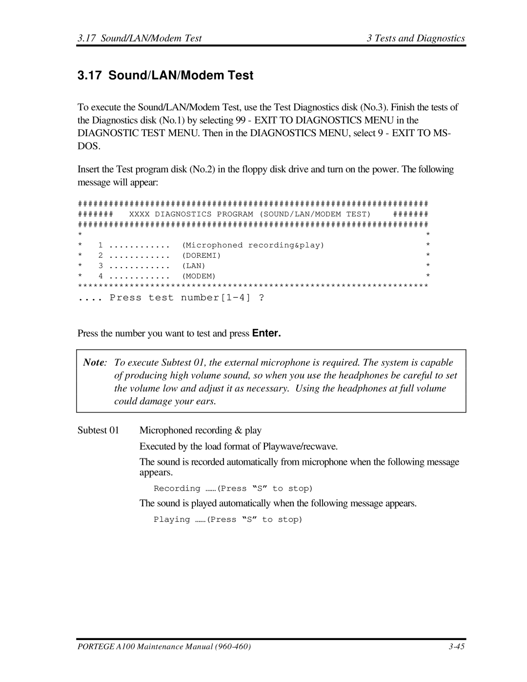 Toshiba A100 manual Sound/LAN/Modem Test Tests and Diagnostics 