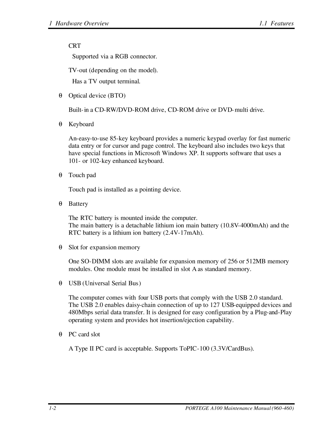 Toshiba A100 manual Hardware Overview Features, Crt 