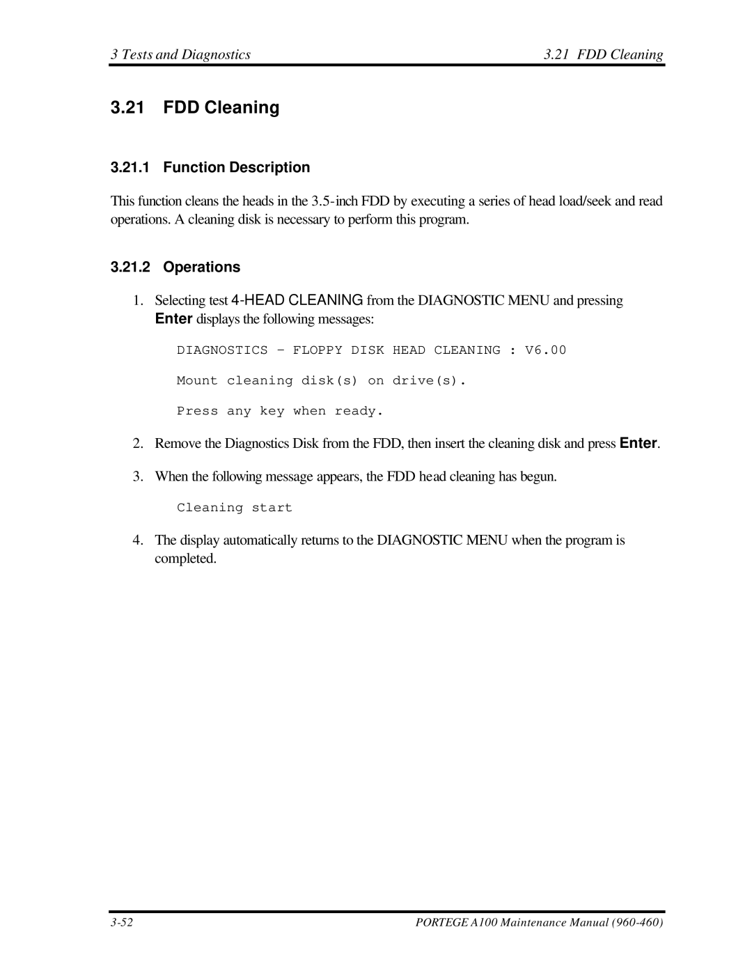 Toshiba A100 manual Tests and Diagnostics FDD Cleaning, Function Description, Operations 