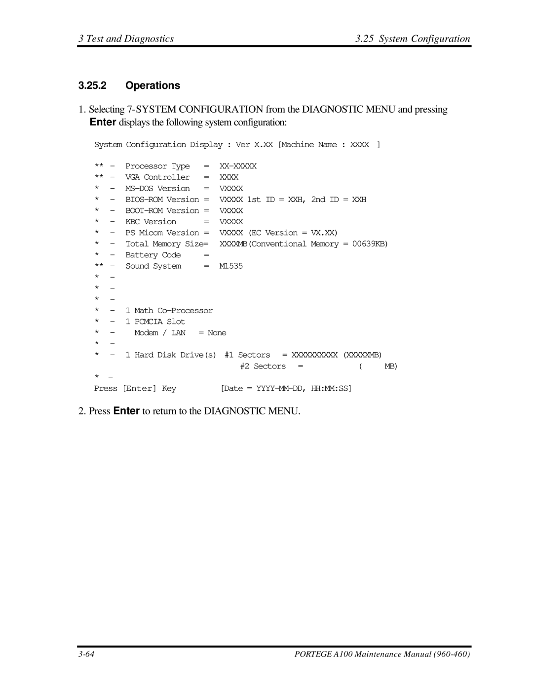 Toshiba A100 manual Test and Diagnostics System Configuration, Operations 