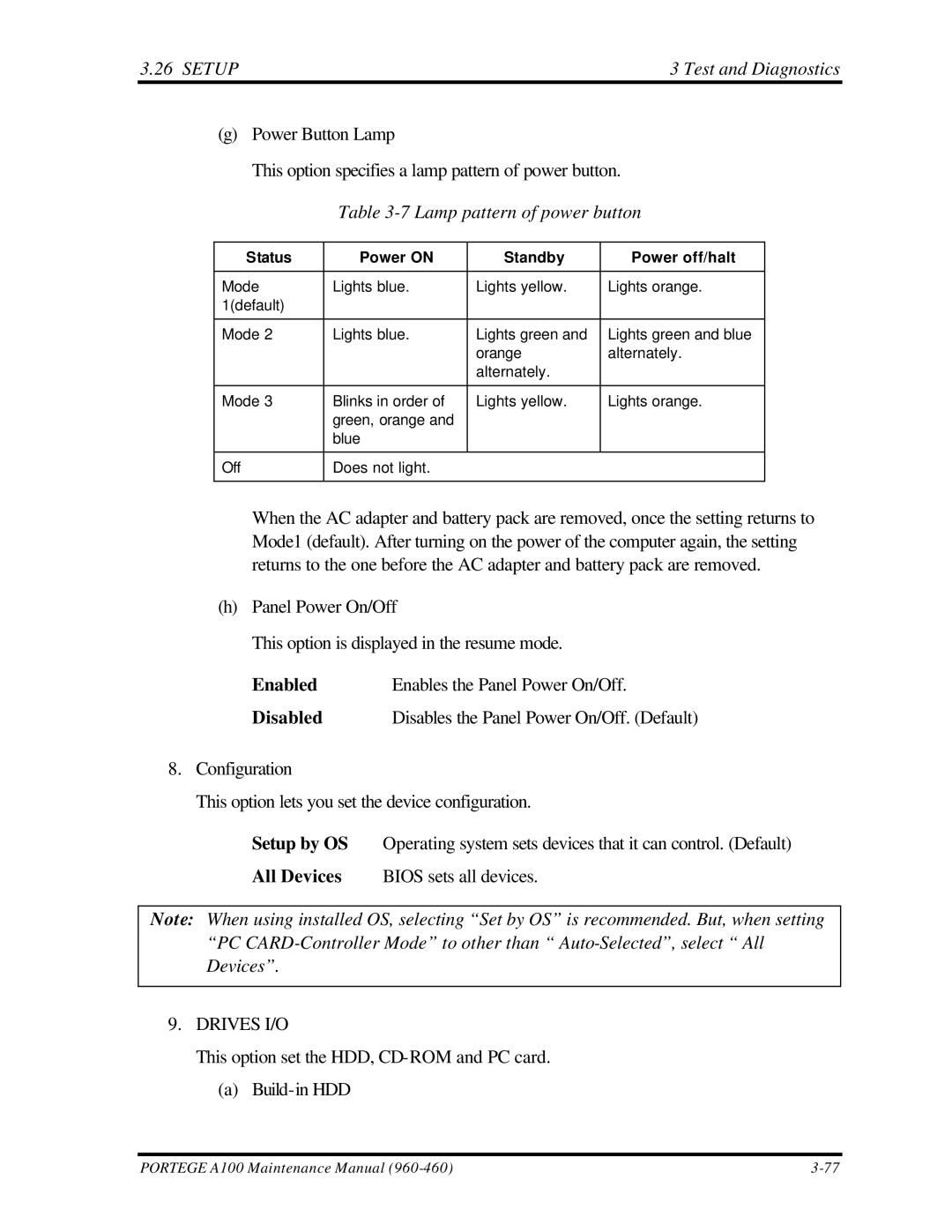 Toshiba A100 manual Status Power on Standby Power off/halt 