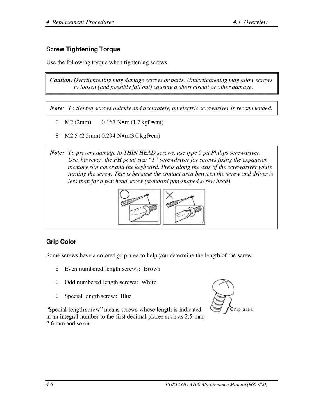 Toshiba A100 manual Screw Tightening Torque, Grip Color 