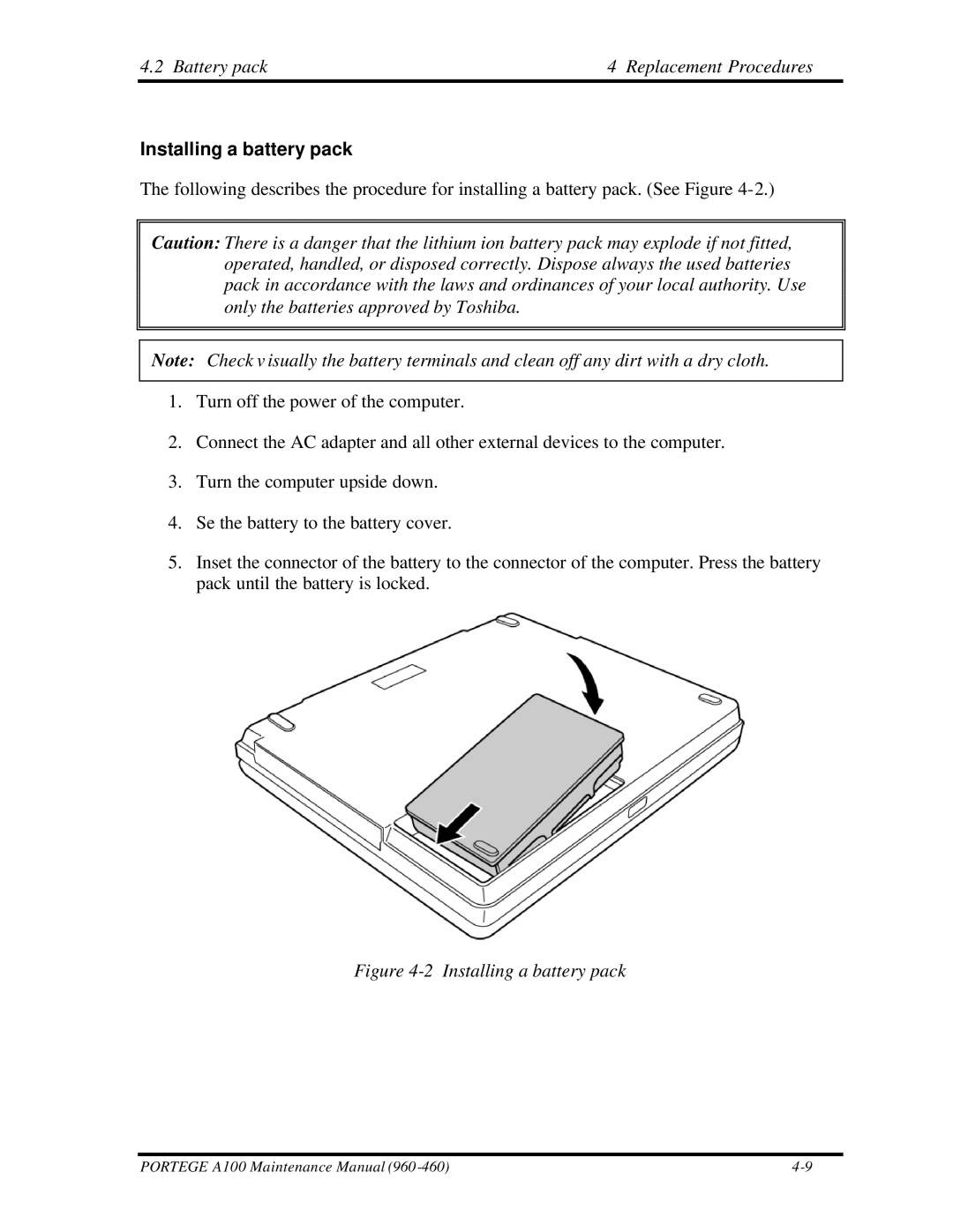 Toshiba A100 manual Battery pack Replacement Procedures, Installing a battery pack 