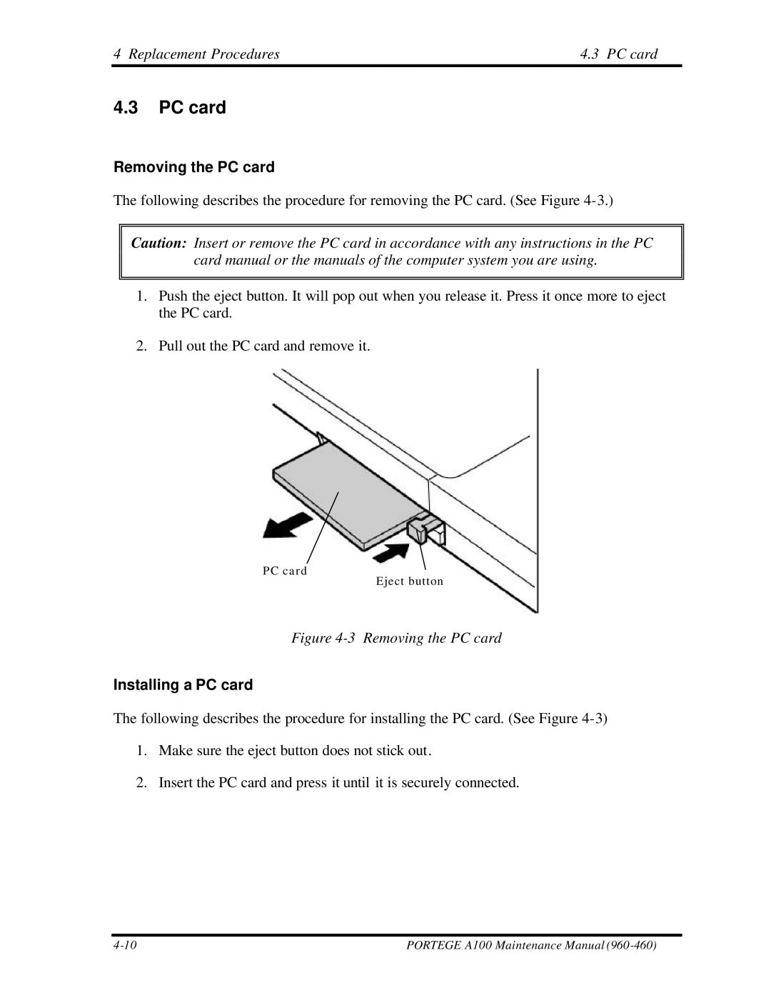 Toshiba A100 manual Replacement Procedures PC card, Removing the PC card, Installing a PC card 