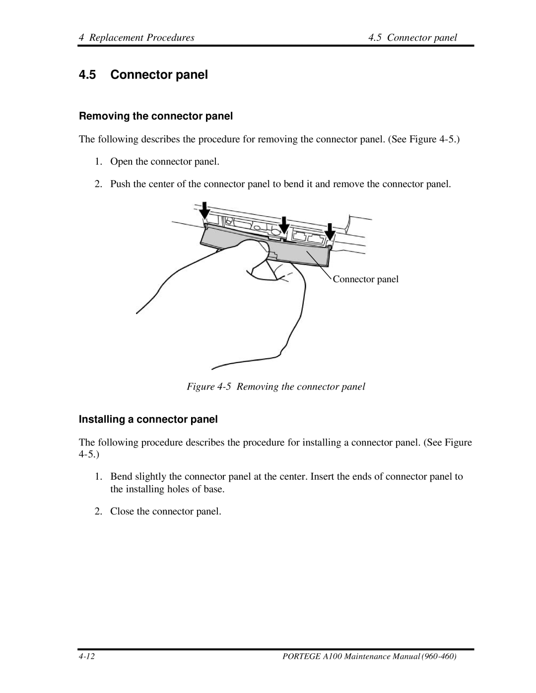 Toshiba A100 manual Replacement Procedures Connector panel, Removing the connector panel, Installing a connector panel 