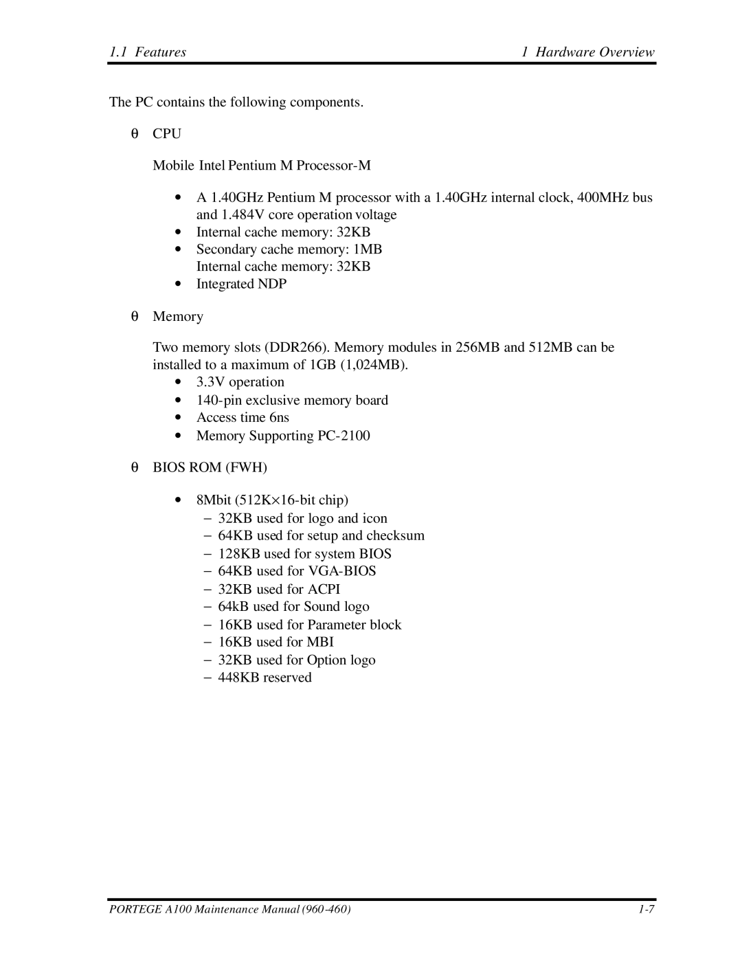 Toshiba A100 manual Features Hardware Overview 