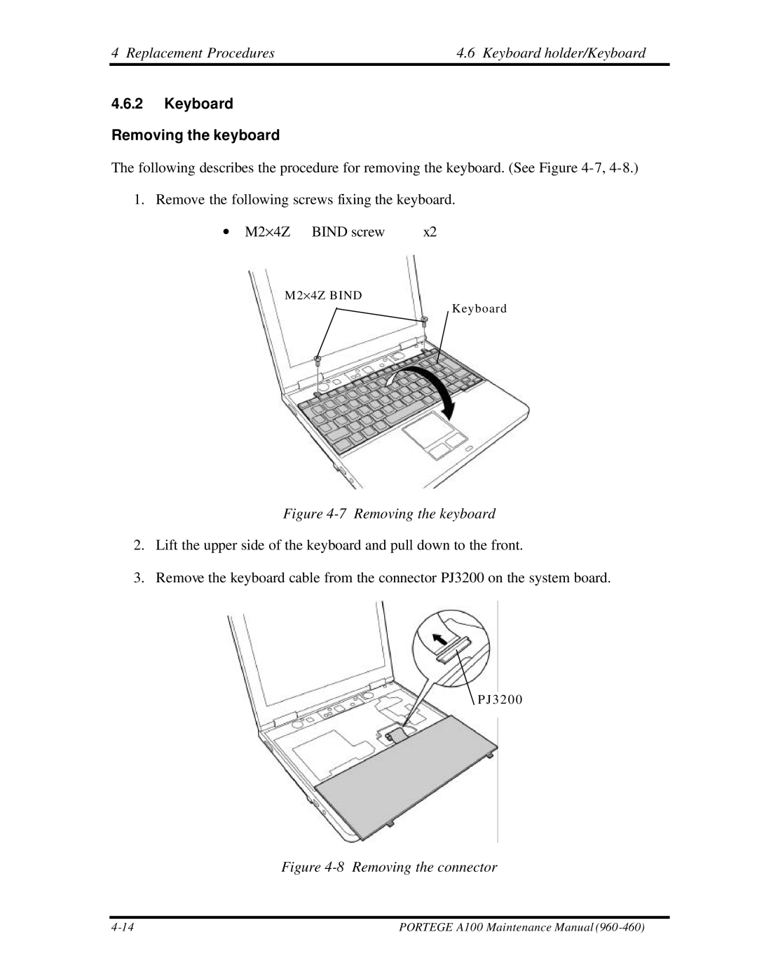 Toshiba A100 manual Replacement Procedures Keyboard holder/Keyboard, Keyboard Removing the keyboard 